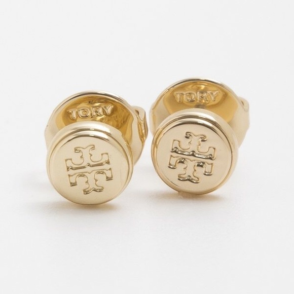NEW Tory Burch Small Logo Stud Earrings Round Circle Gold Mini - Picture 3 of 5